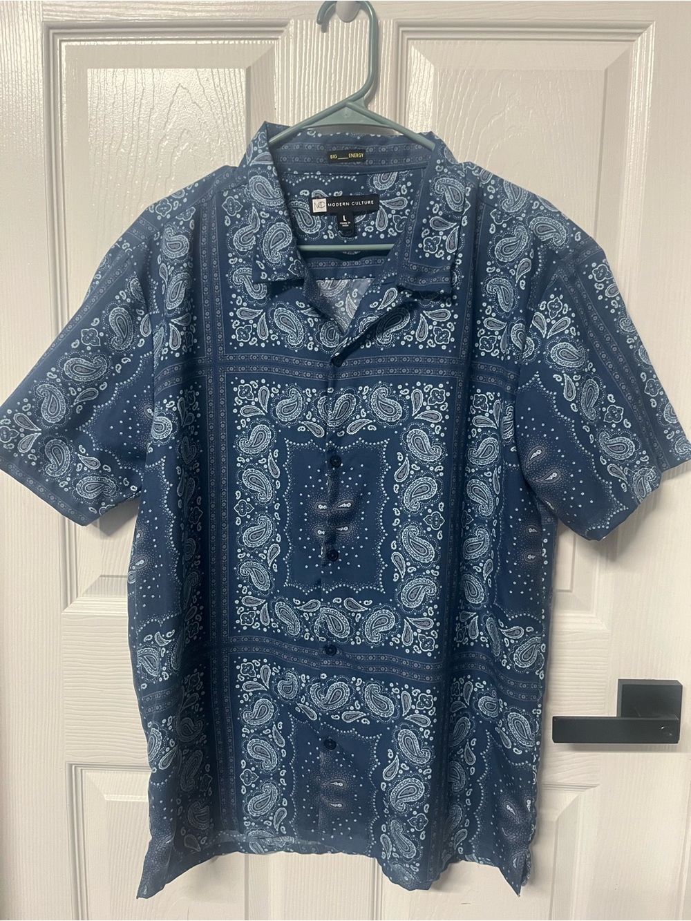 Modern Culture men button shirt short sleeves blue printed large